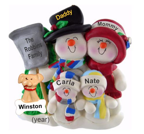 Family Christmas Ornament Top Hat Snow Fam of 4 with Pets Personalized FREE at PersonalizedOrnamentsMarket.com by Russell Rhodes