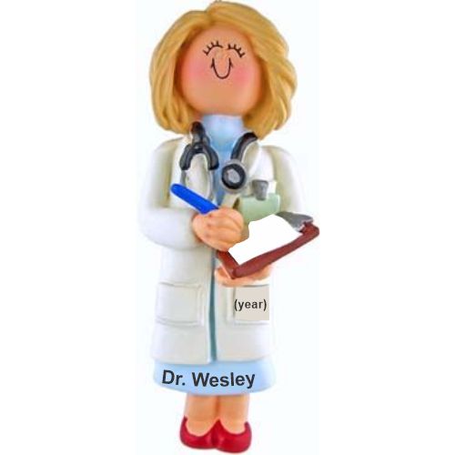 Doctor Christmas Ornament Blond Female Personalized FREE at PersonalizedOrnamentsMarket.com by Russell Rhodes