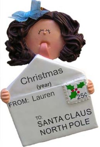 Letter to Santa Christmas Ornament Brunette Female Personalized FREE at PersonalizedOrnamentsMarket.com by Russell Rhodes