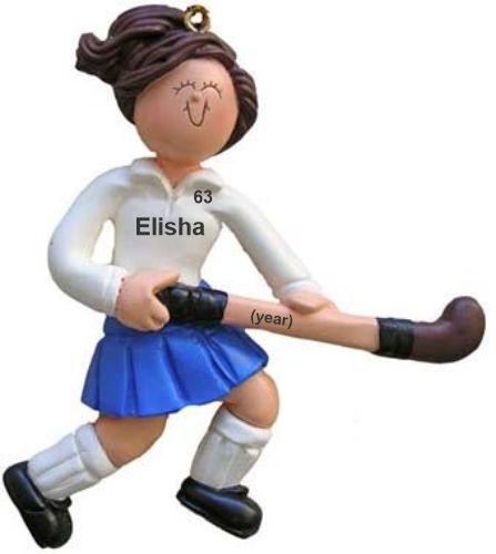 Field Hockey Christmas Ornament Brunette Female Personalized FREE at PersonalizedOrnamentsMarket.com by Russell Rhodes