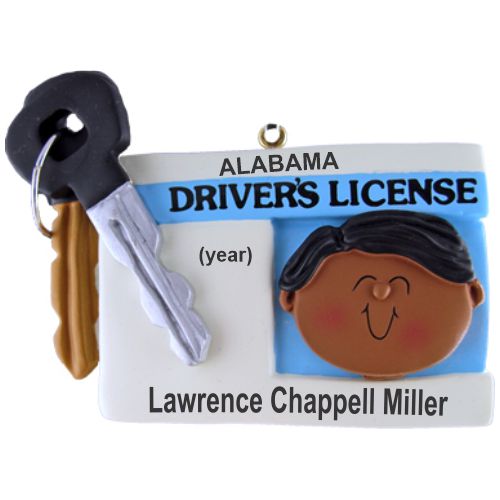 New Driver Christmas Ornament African American Male Personalized FREE at PersonalizedOrnamentsMarket.com by Russell Rhodes