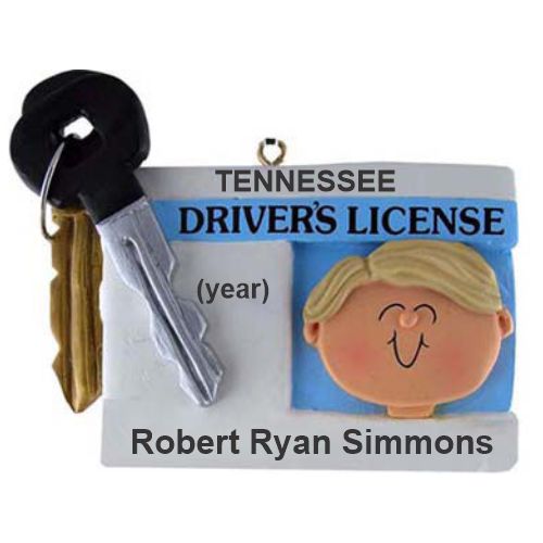 New Driver Christmas Ornament Blond Male Personalized FREE at PersonalizedOrnamentsMarket.com by Russell Rhodes