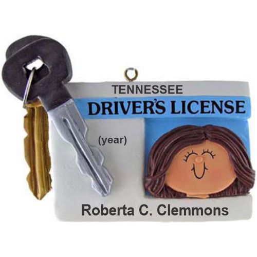 New Driver Christmas Ornament Brunette Female Personalized FREE at PersonalizedOrnamentsMarket.com by Russell Rhodes