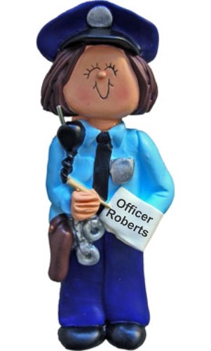 Police Academy Graduation Christmas Ornament Brunette Female Personalized FREE at PersonalizedOrnamentsMarket.com by Russell Rhodes