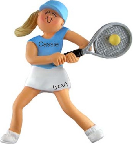 Tennis Christmas Ornament Blond Female Personalized FREE at PersonalizedOrnamentsMarket.com by Russell Rhodes