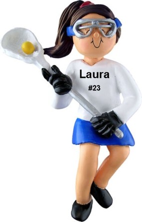 Lacrosse Christmas Ornament Brunette Female Personalized FREE at PersonalizedOrnamentsMarket.com by Russell Rhodes