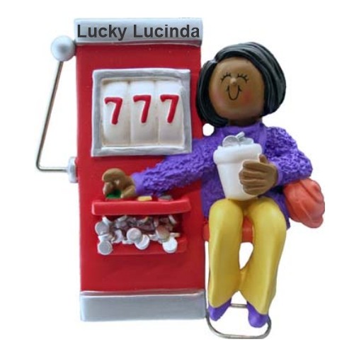 Slot Machine Christmas Ornament African American Female Personalized FREE at PersonalizedOrnamentsMarket.com by Russell Rhodes