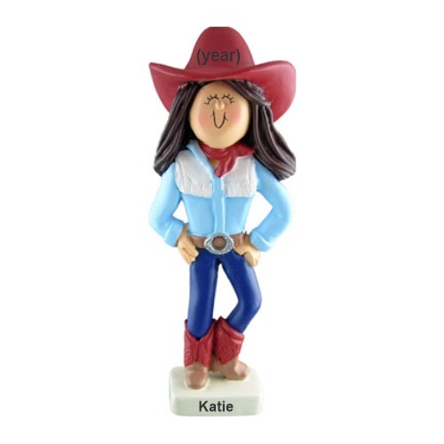 Cowgirl Christmas Ornament Brunette Female Personalized FREE at PersonalizedOrnamentsMarket.com by Russell Rhodes