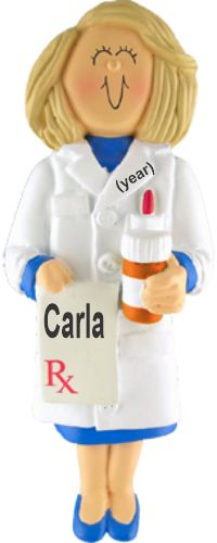 Pharmacist Christmas Ornament Blond Female Personalized FREE at PersonalizedOrnamentsMarket.com by Russell Rhodes