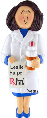 Pharmacy School Graduation Christmas Ornament Brunette Female Personalized FREE at PersonalizedOrnamentsMarket.com by Russell Rhodes