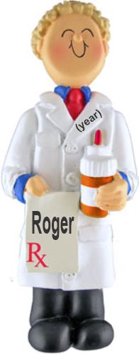 Pharmacist Christmas Ornament Blond Male Personalized FREE at PersonalizedOrnamentsMarket.com by Russell Rhodes