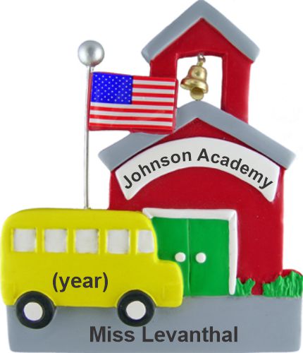 Schoolhouse for Teacher Christmas Ornament Personalized FREE at PersonalizedOrnamentsMarket.com by Russell Rhodes