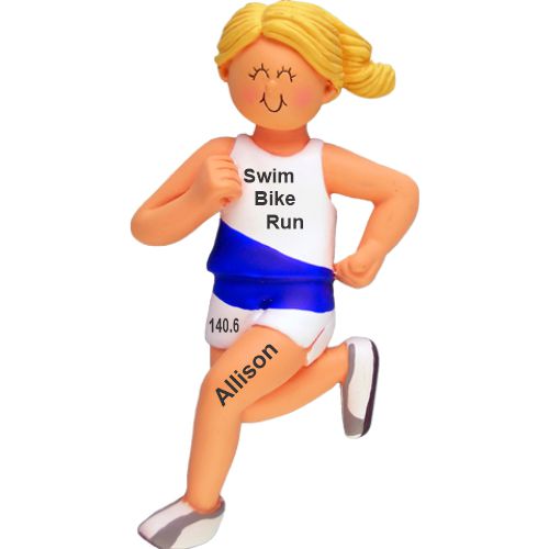 Triathlon Christmas Ornament Blond Female Personalized FREE at PersonalizedOrnamentsMarket.com by Russell Rhodes