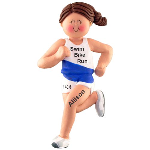 Triathlon Christmas Ornament Brunette Female Personalized FREE at PersonalizedOrnamentsMarket.com by Russell Rhodes