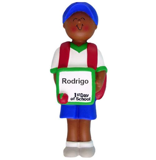 First Day of School Christmas Ornament African American Male Personalized FREE at PersonalizedOrnamentsMarket.com by Russell Rhodes