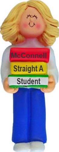 Straight A Student Christmas Ornament Blond Female Personalized FREE at PersonalizedOrnamentsMarket.com by Russell Rhodes