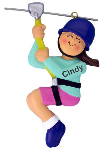 Zipline Christmas Ornament Brunette Female Personalized FREE at PersonalizedOrnamentsMarket.com by Russell Rhodes