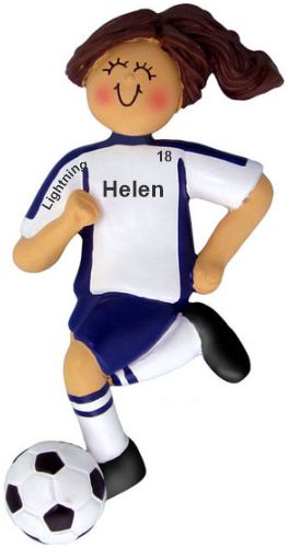 Soccer Christmas Ornament Brunette Female Blue Uniform Personalized by RussellRhodes.com