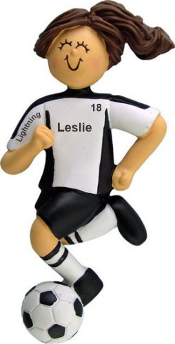 Soccer Christmas Ornament Brunette Female Black Uniform Personalized by RussellRhodes.com