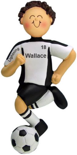 Soccer Christmas Ornament Brunette Male Black Uniform Personalized by RussellRhodes.com