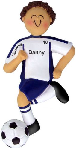 Soccer Christmas Ornament Brunette Male Blue Uniform Personalized by RussellRhodes.com