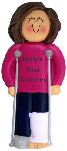 Crutches Christmas Ornament Brunette Female Personalized by RussellRhodes.com