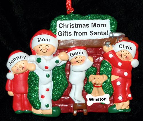 Single Mom Christmas Ornament Winter Morn 3 Kids with Pets Personalized FREE at PersonalizedOrnamentsMarket.com by Russell Rhodes