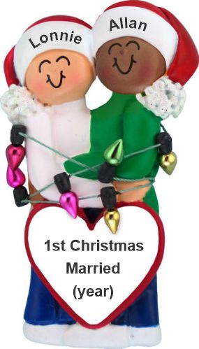 Biracial Gay Couple First Christmas Married Ornament Personalized FREE at PersonalizedOrnamentsMarket.com by Russell Rhodes