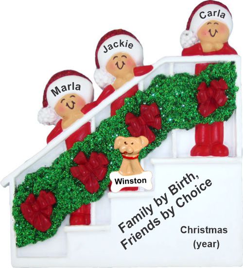 3 Siblings or Sisters Christmas Ornament Holiday Banister with Pets Personalized by RussellRhodes.com