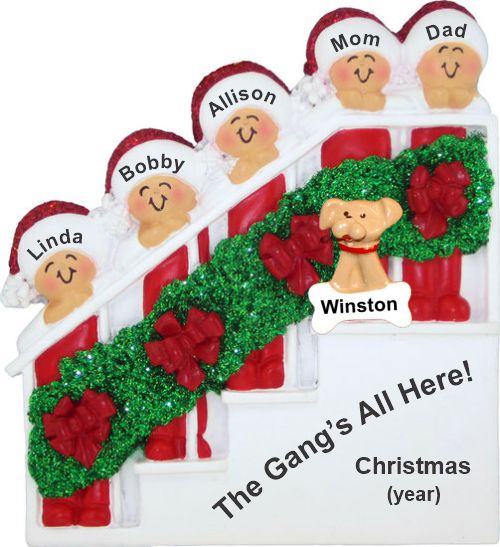 Family Christmas Ornament Holiday Banister for 5 with Pets Personalized FREE at PersonalizedOrnamentsMarket.com by Russell Rhodes