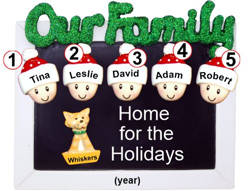 Family Christmas Ornament Holiday Frame for 5 with Pets Personalized by RussellRhodes.com