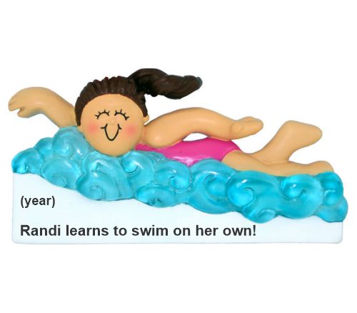 Kids Christmas Ornament Brunette Female Learns to Swim Personalized by RussellRhodes.com