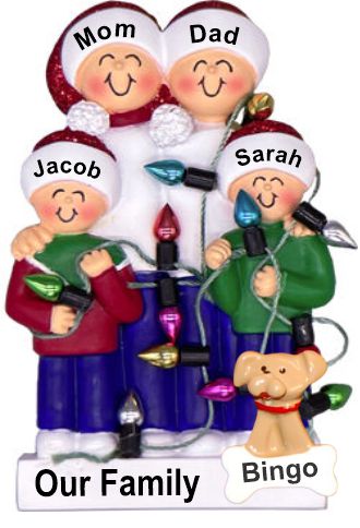 Family Christmas Ornament Holiday Lights for 4 with Pets Personalized by RussellRhodes.com