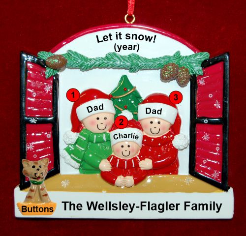 Gay Family of 3 Christmas Ornament Holiday Window with 1 Dog, Cat, Pets Custom Add-on Personalized FREE at PersonalizedOrnamentsMarket.com by Russell Rhodes