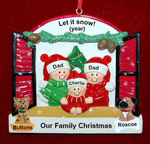 Gay Family of 3 Christmas Ornament Holiday Window with up to 2 Dogs, Cats, Pets Custom Add-ons Personalized FREE at PersonalizedOrnamentsMarket.com by Russell Rhodes