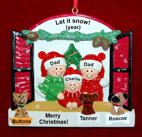 Gay Family of 3 Christmas Ornament Holiday Window with up to 3 Dogs, Cats, Pets Custom Add-ons Personalized FREE at PersonalizedOrnamentsMarket.com by Russell Rhodes