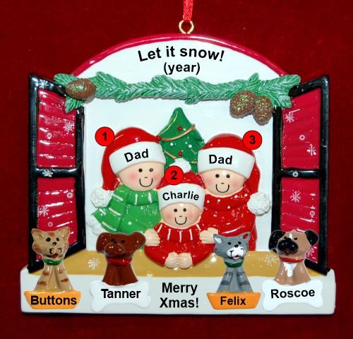 Gay Family of 3 Christmas Ornament Holiday Window with up to 4 Dogs, Cats, Pets Custom Add-ons Personalized FREE at PersonalizedOrnamentsMarket.com by Russell Rhodes