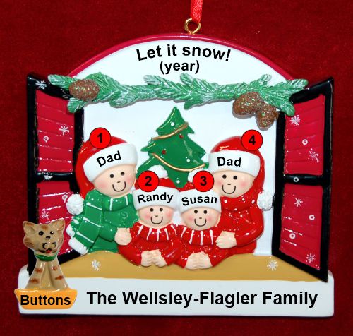 Gay Family of 4 Christmas Ornament Holiday Window with 1 Dog, Cat, Pets Custom Add-on Personalized FREE at PersonalizedOrnamentsMarket.com by Russell Rhodes