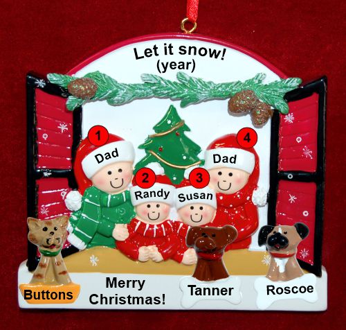 Gay Family of 4 Christmas Ornament Holiday Window with up to 3 Dogs, Cats, Pets Custom Add-ons Personalized FREE at PersonalizedOrnamentsMarket.com by Russell Rhodes