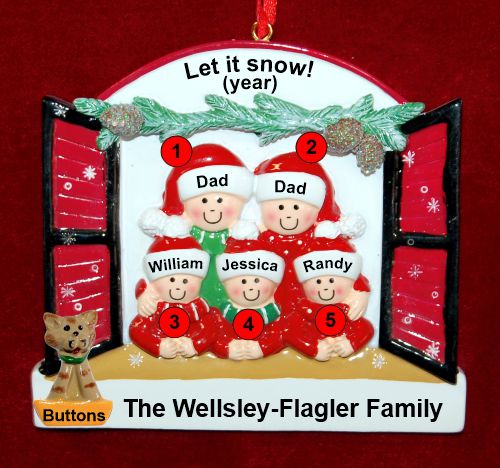 Gay Family of 5 Christmas Ornament Holiday Window with 1 Dog, Cat, Pets Custom Add-on Personalized FREE at PersonalizedOrnamentsMarket.com by Russell Rhodes