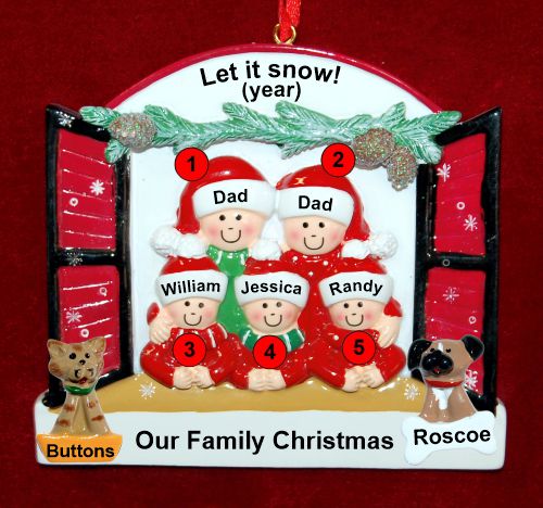 Gay Family of 5 Christmas Ornament Holiday Window with up to 2 Dogs, Cats, Pets Custom Add-ons Personalized FREE at PersonalizedOrnamentsMarket.com by Russell Rhodes