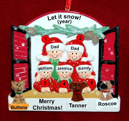 Gay Family of 5 Christmas Ornament Holiday Window with up to 3 Dogs, Cats, Pets Custom Add-ons Personalized FREE at PersonalizedOrnamentsMarket.com by Russell Rhodes