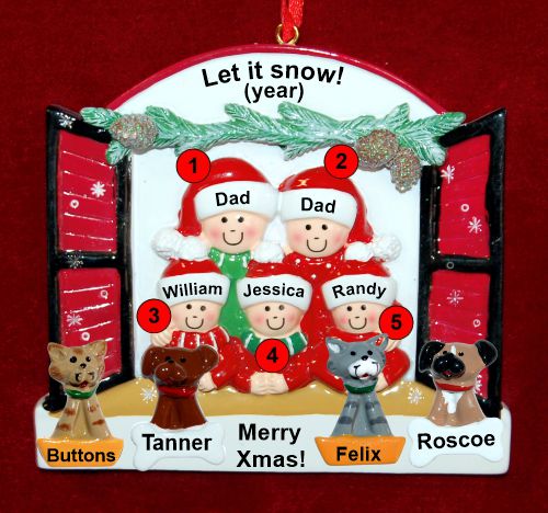 Gay Family of 5 Christmas Ornament Holiday Window with up to 4 Dogs, Cats, Pets Custom Add-ons Personalized FREE at PersonalizedOrnamentsMarket.com by Russell Rhodes