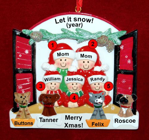 Lesbian Family of 5 Christmas Ornament Holiday Window with up to 4 Dogs, Cats, Pets Custom Add-ons Personalized by RussellRhodes.com