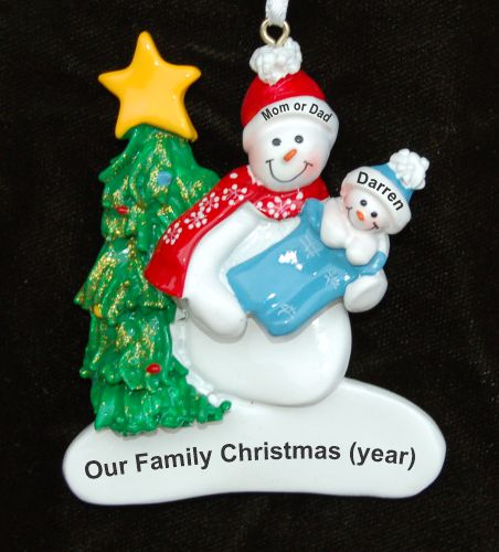 Single Parent with Baby in Blue Christmas Ornament Personalized FREE at PersonalizedOrnamentsMarket.com by Russell Rhodes