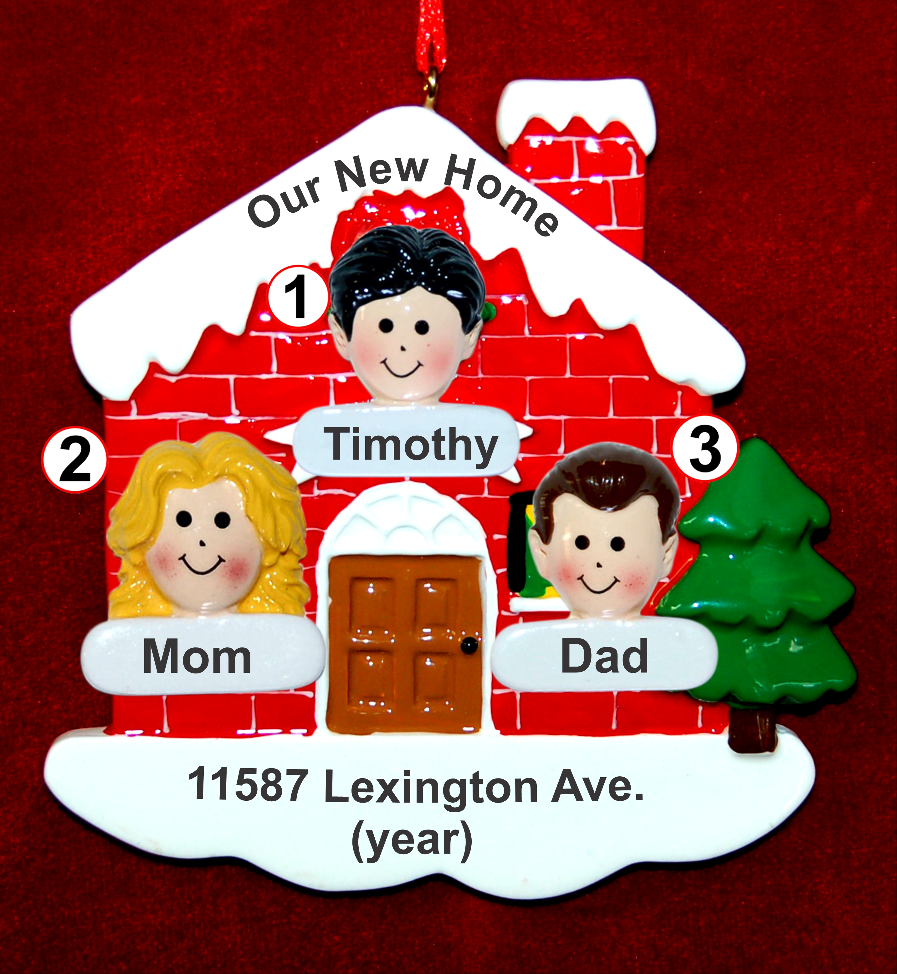 Our New Home Family of 3 Christmas Ornament Custom Faces Personalized FREE at PersonalizedOrnamentsMarket.com by Russell Rhodes