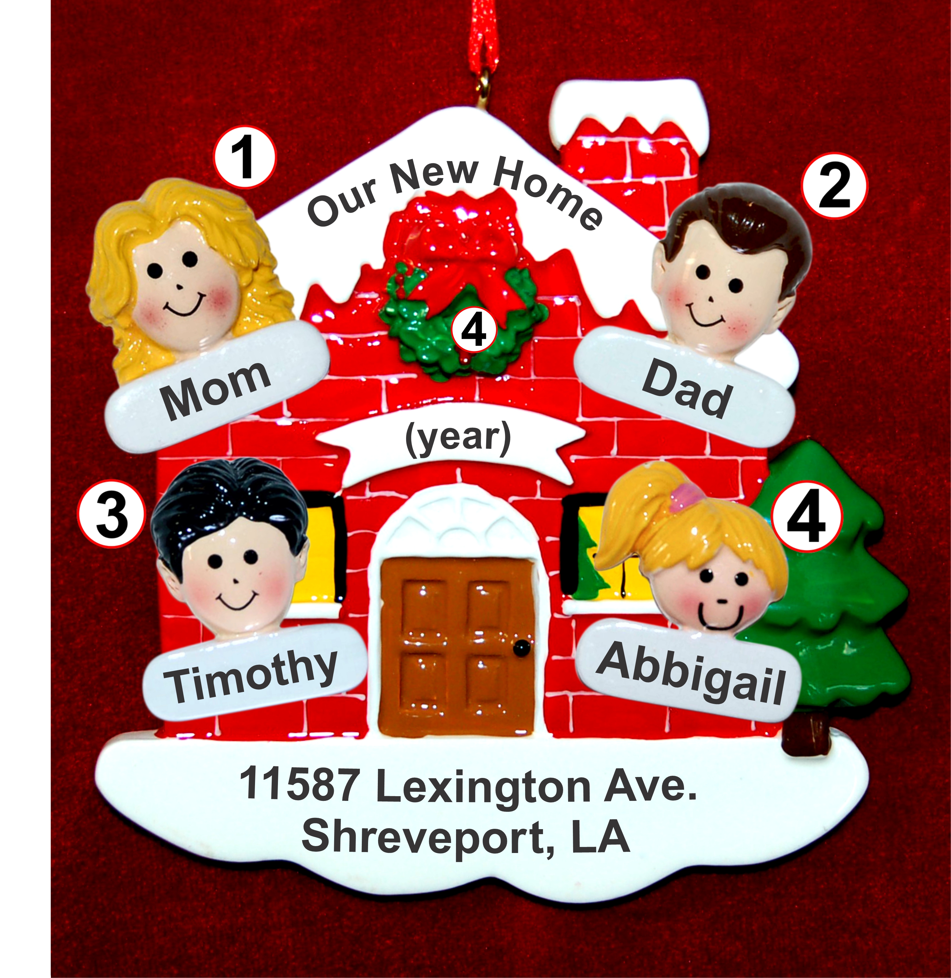 Our New Home Family of 4 Christmas Ornament Custom Faces Personalized FREE at PersonalizedOrnamentsMarket.com by Russell Rhodes