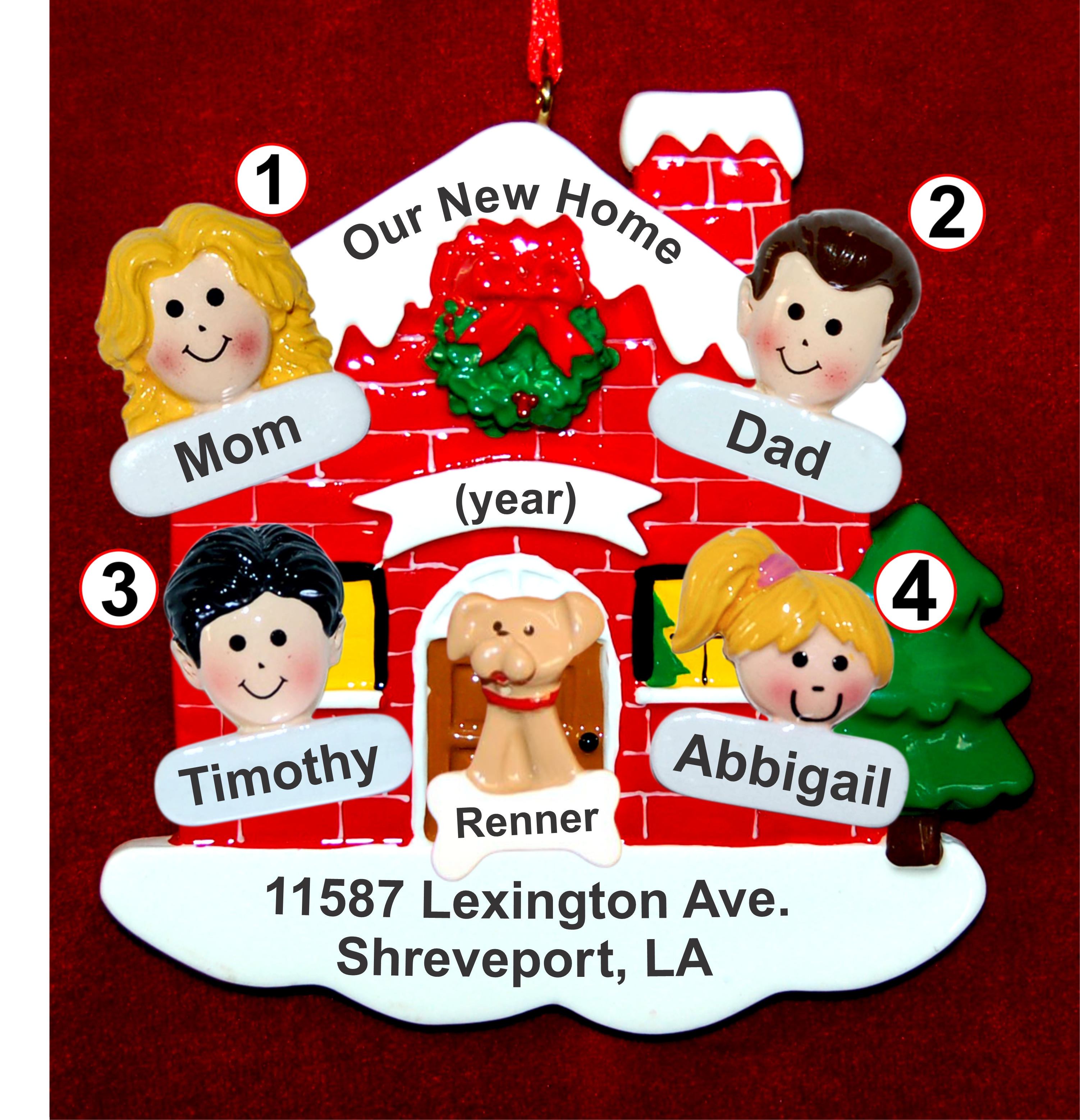 Our New Home Family of 4 with Dog, Cat, or Pet Christmas Ornament Custom Faces Personalized FREE at PersonalizedOrnamentsMarket.com by Russell Rhodes