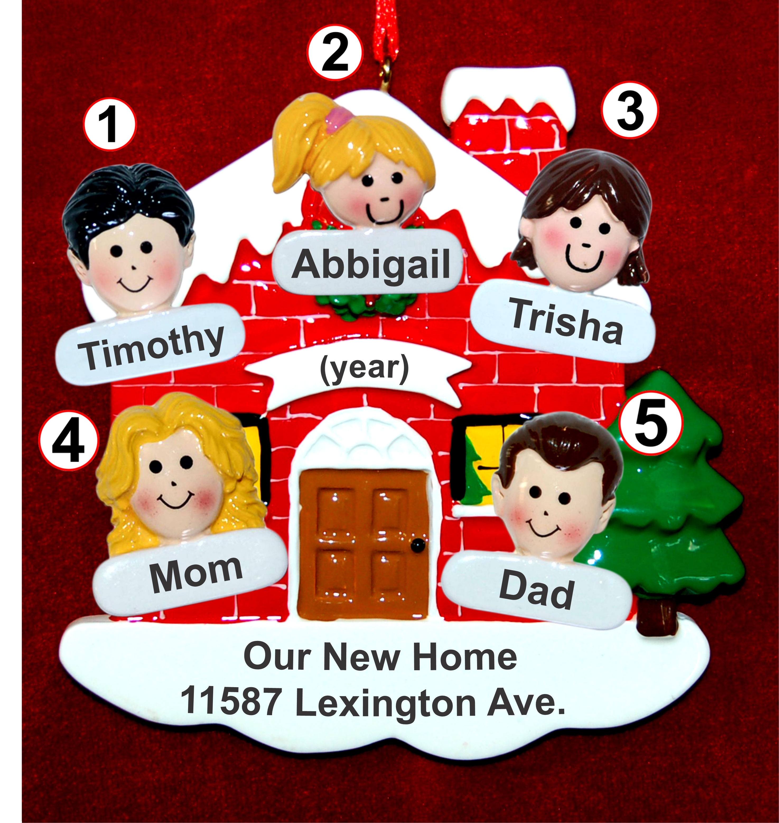 Our New Home Family of 5 Christmas Ornament Custom Faces Personalized FREE at PersonalizedOrnamentsMarket.com by Russell Rhodes