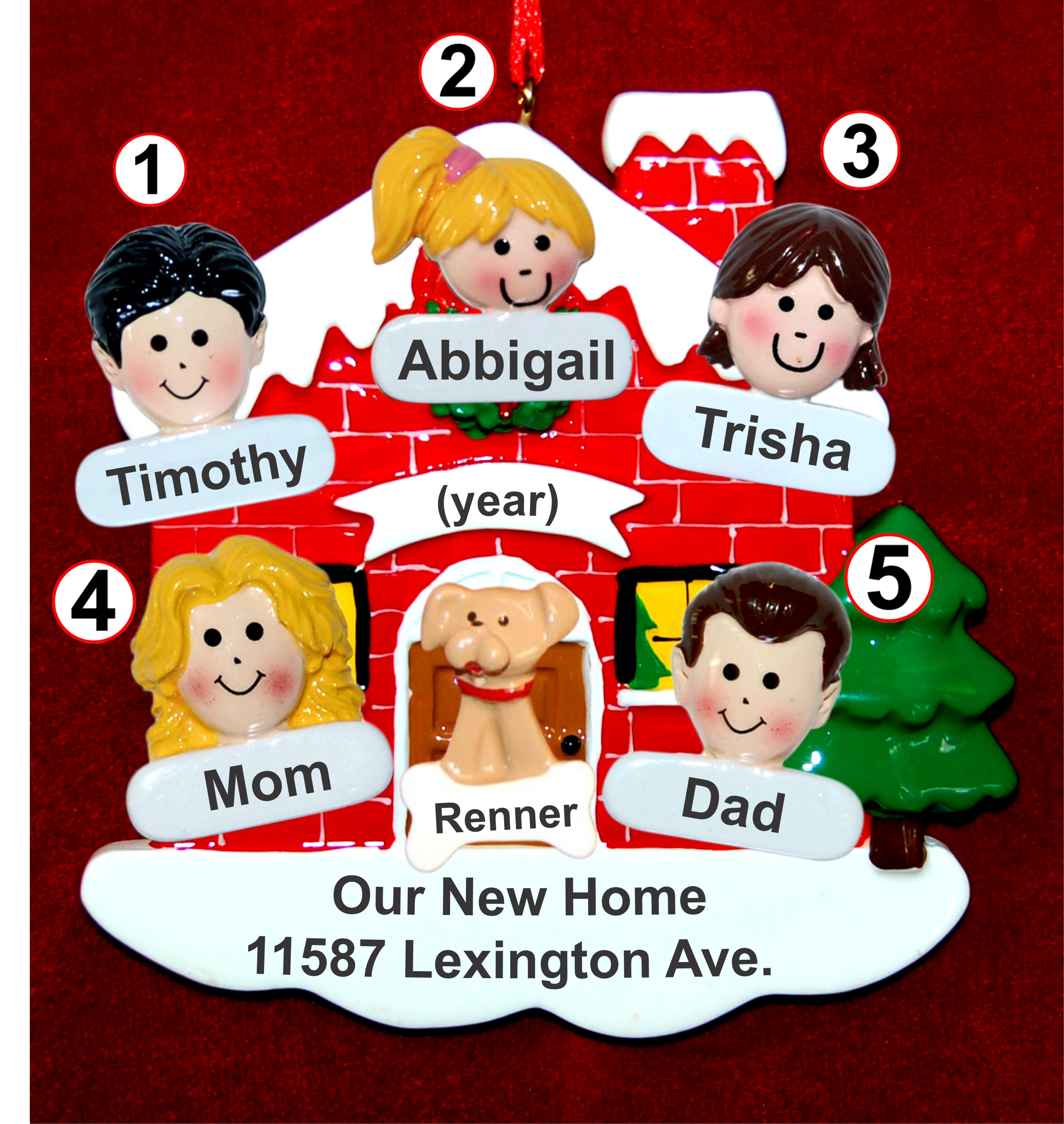 Our New Home Family of 5 with Dog, Cat, or Pet Christmas Ornament Custom Faces Personalized FREE at PersonalizedOrnamentsMarket.com by Russell Rhodes